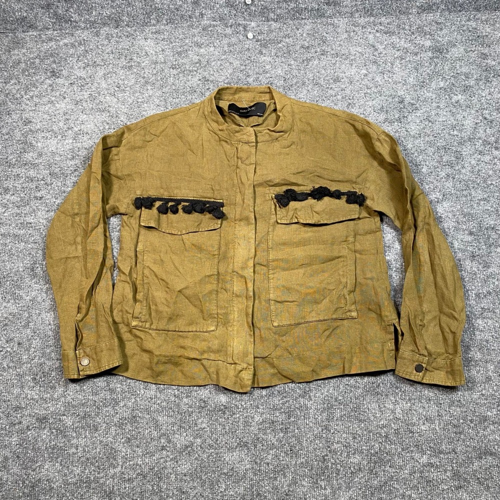 Zara Basic Women XS Olive Green 100% Linen Tassel Trim Utility Jacket Coat
